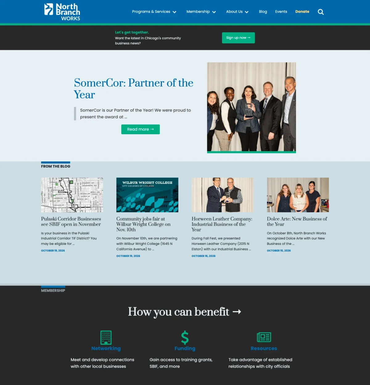 Top of the current homepage: newsletter sign-up, a featured news story and the latest blog posts