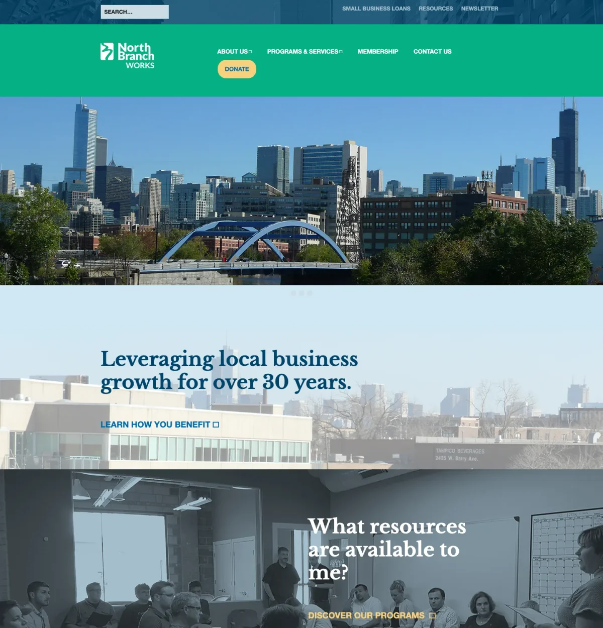 Top of the 2021 homepage: skyline photo and a broad headline