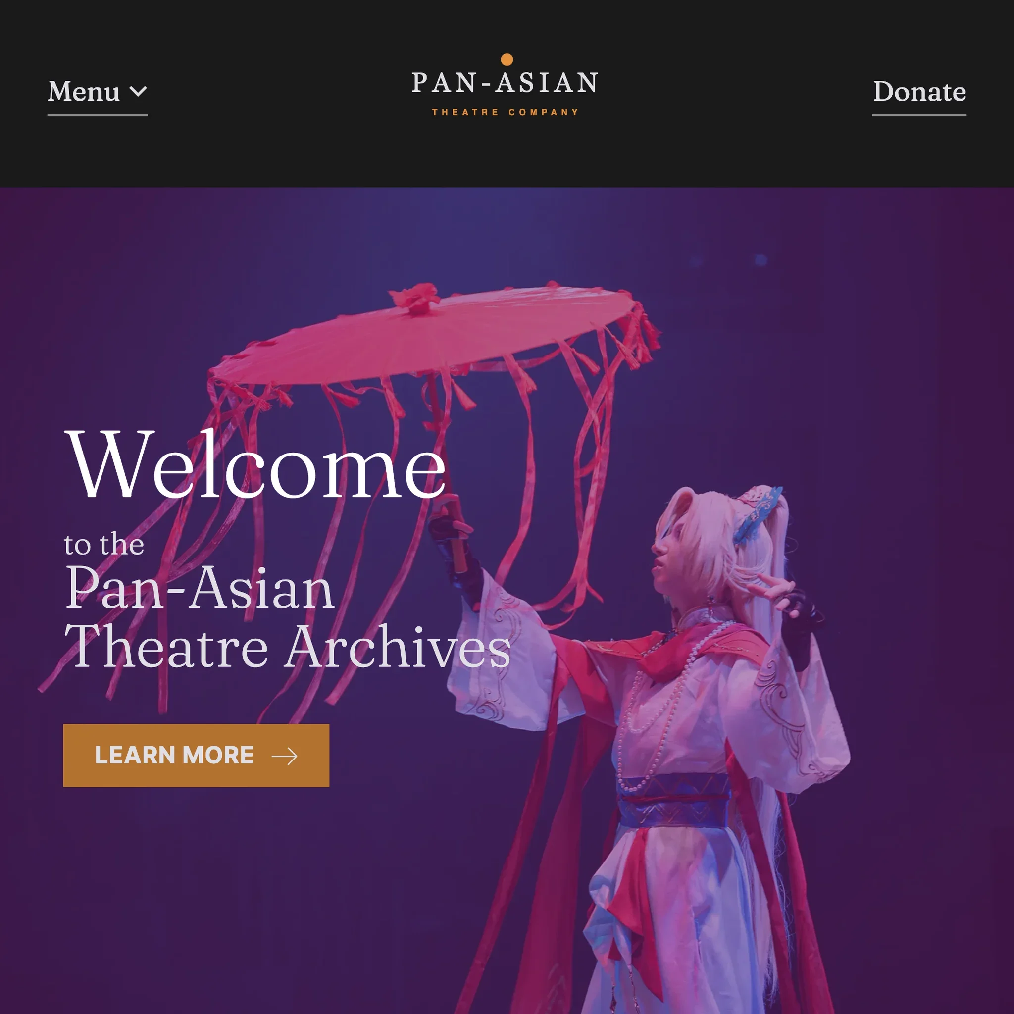 Archive homepage hero: a performer holding a red parasol, tinted purple, under the words Welcome to the Pan-Asian Theatre Archives