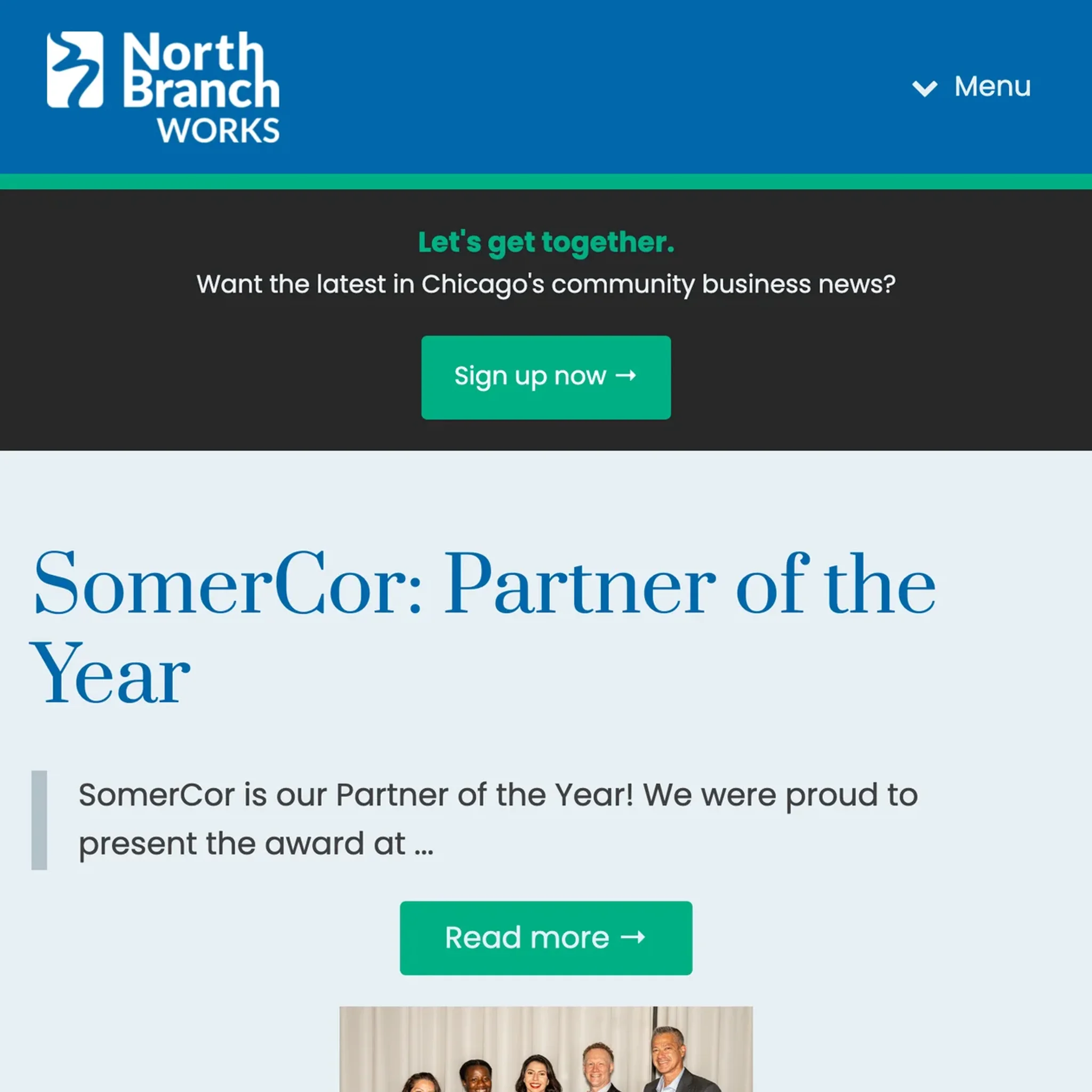 North Branch Works homepage on a phone: logo, newsletter sign-up bar and the latest news story