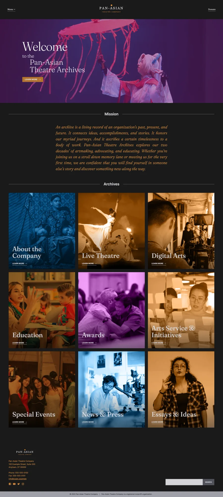 Full-length homepage: welcome hero, mission statement, a grid of tinted archive categories, and the footer