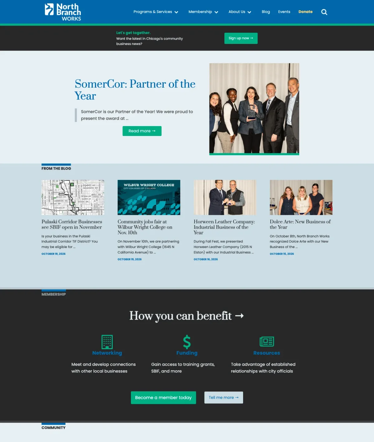 The North Branch Works homepage on desktop: newsletter sign-up, featured news, blog posts and membership benefits