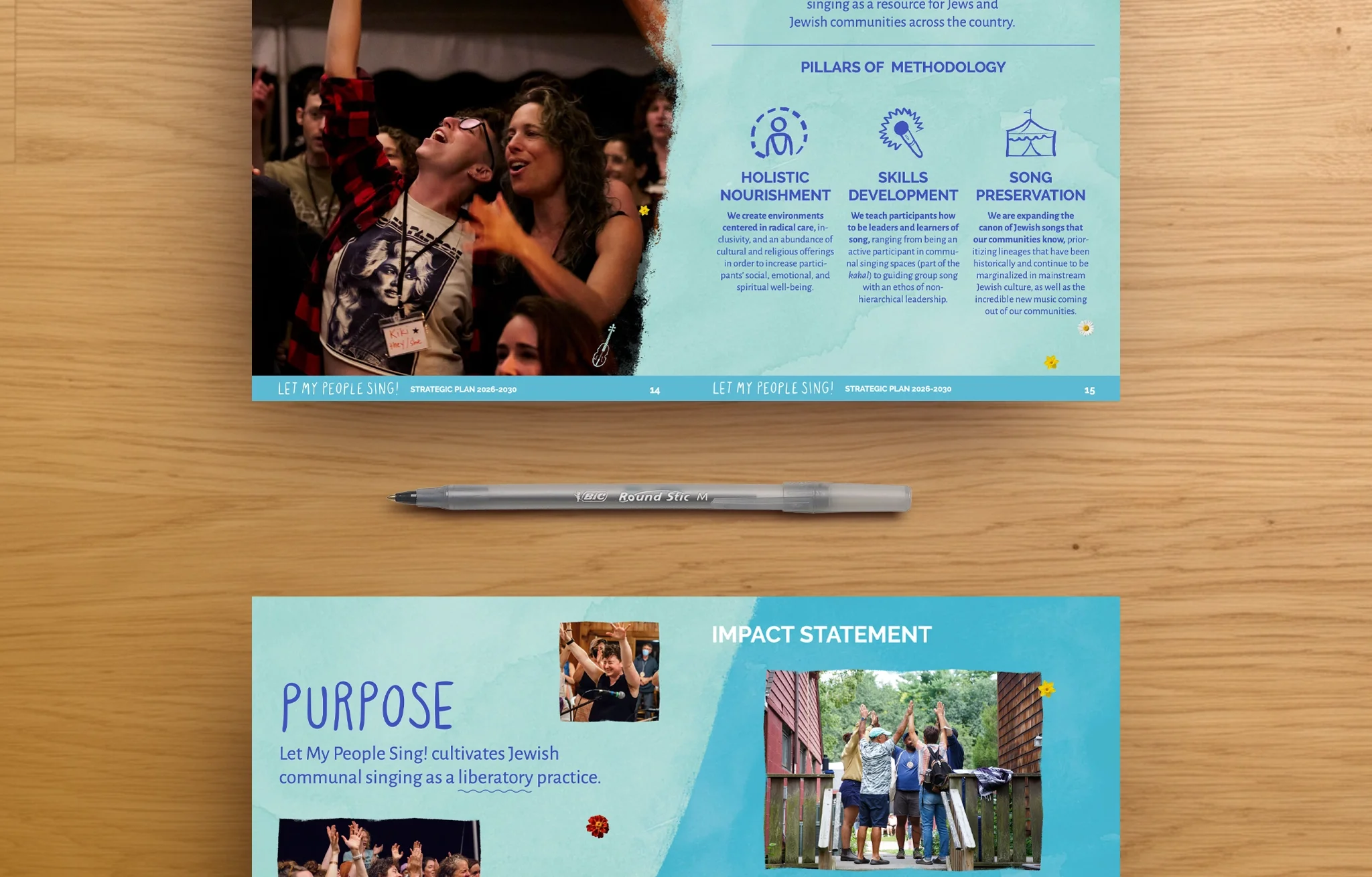 Printed Methodology and Purpose spreads on a wooden table next to a pen