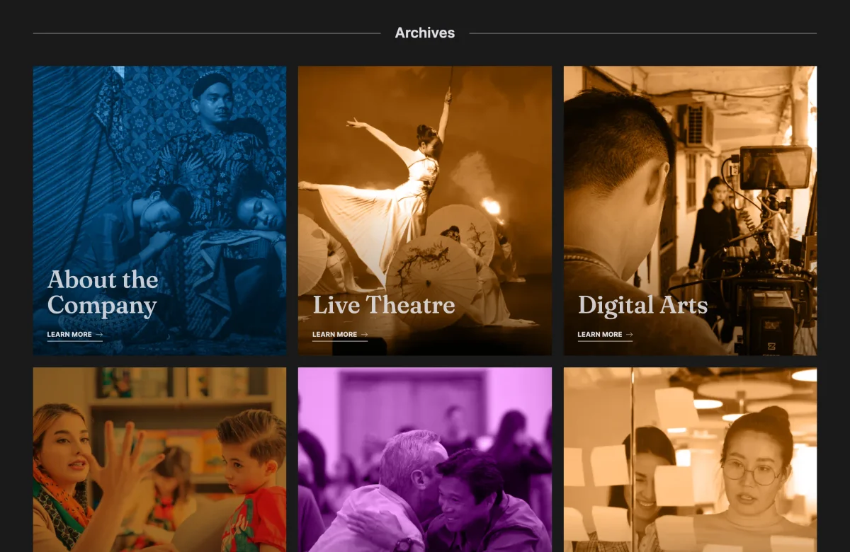 Archives grid of tinted category tiles