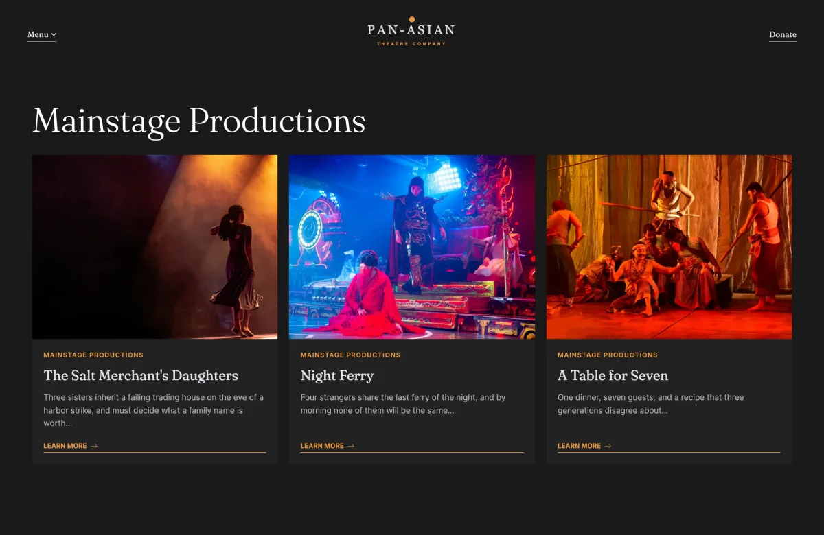 Mainstage Productions listing page with three production cards