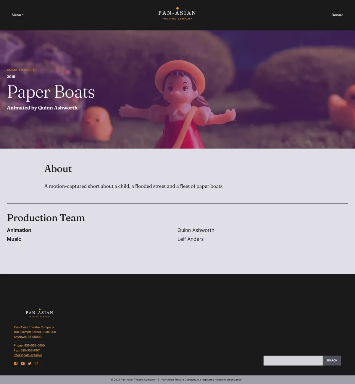 Paper Boats animated short page: hero, about and production team