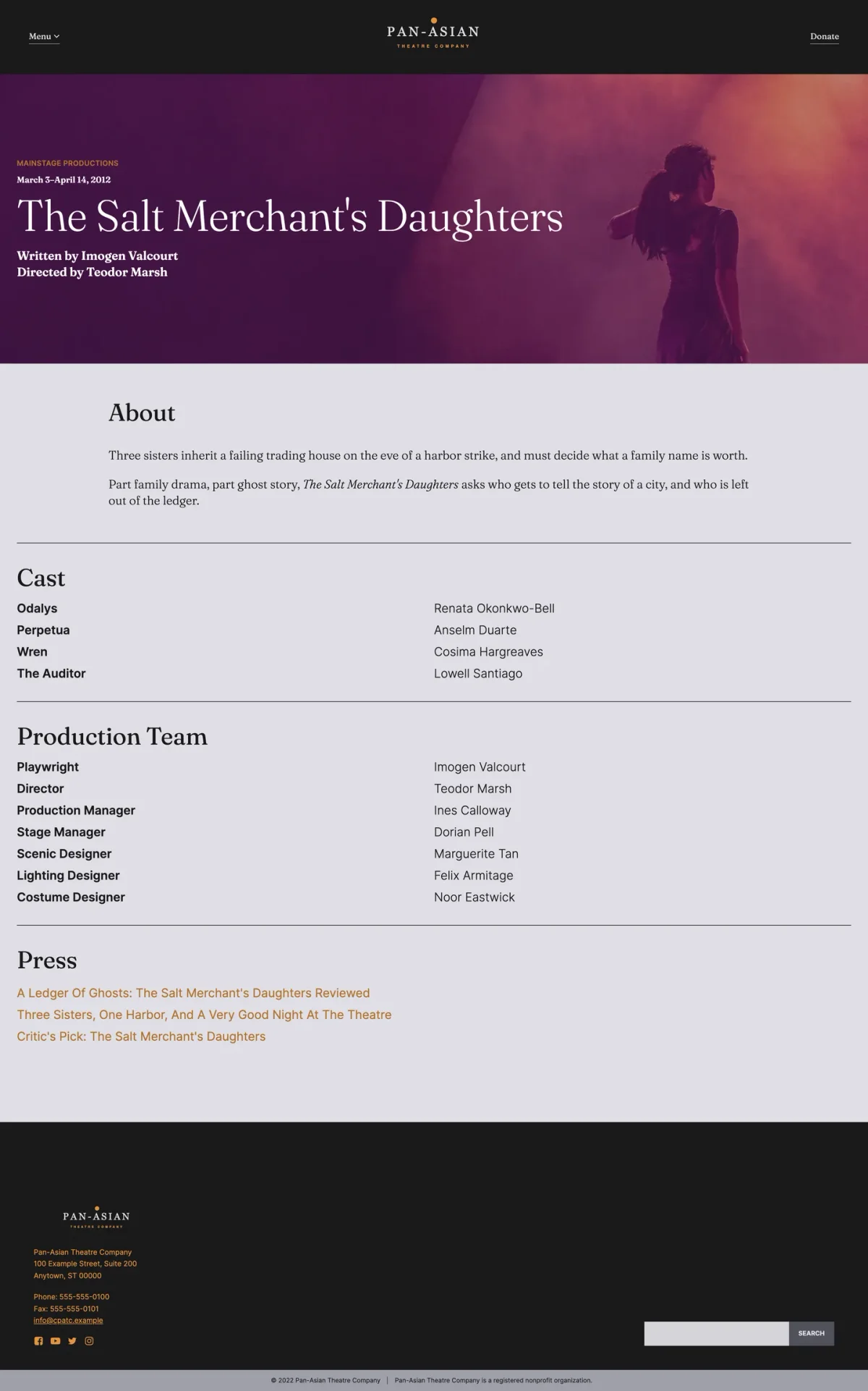 The Salt Merchant’s Daughters production page: hero, about, cast, production team and press