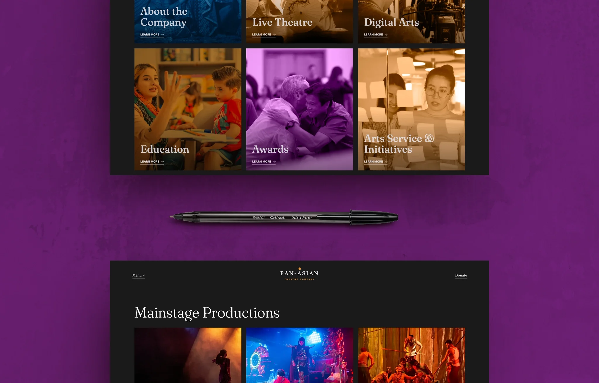 Archive category grid and Mainstage Productions page laid out on a purple background next to a pen
